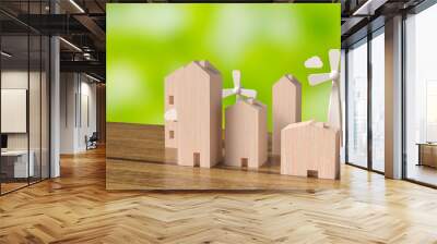 The wood building and Wind turbine  for property concept 3d rendering. Wall mural