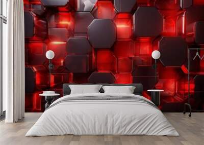 a dark red, hexagonal pattern with glowing red lights shining through the gaps, creating a striking and futuristic visual effect. Wall mural