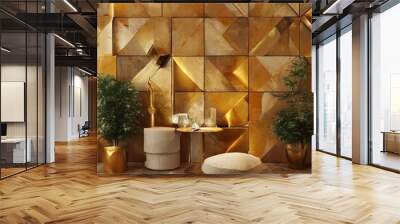 a modern living room with a geometric gold and brown color scheme. The room features a large gold-colored wall with a geometric pattern, a white ottoman, a round coffee table Wall mural