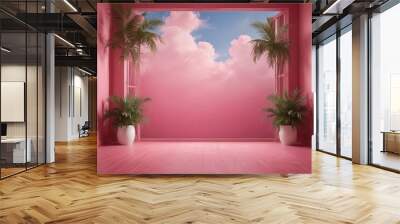 A pink room with a large window framed by two palm trees, overlooking a blue sky with fluffy white clouds. Wall mural