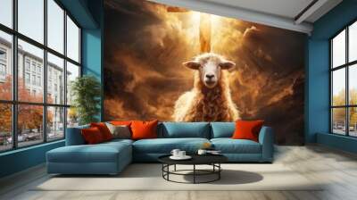 A sheep stands on a rocky outcropping, gazing at the camera, with a large cross and bright sun rays illuminating the scene against a dramatic cloudy sky. Wall mural