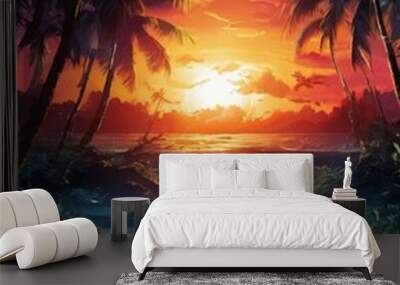 A tropical sunset paints the sky with hues of orange, pink, and yellow, casting a warm glow over the ocean and palm trees below. Wall mural