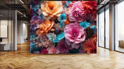 A vibrant bouquet of flowers in various shades of pink, orange, and purple, with some blue accents, creating a visually striking and colorful display. Wall mural