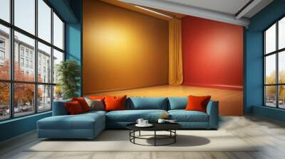 An empty room with a wooden floor, featuring two walls painted in warm yellow and red tones, and a curtain on the right wall. Wall mural