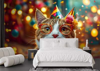 cat, wearing party hat and glasses, sits amidst festive backdrop colorful lights and confetti, exuding joy Wall mural