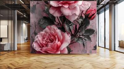 close-up of two large pink roses with dark green leaves against a pink and black textured background. Wall mural