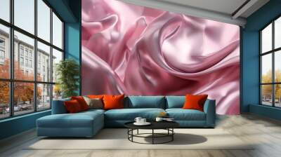 close-up view of a flowing, shiny pink fabric, with the fabric appearing to be made of satin or silk. The fabric has a smooth, silky texture and is adorned with a subtle pattern, Wall mural