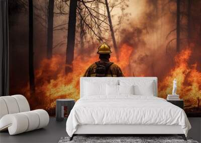 Firefighter stands in burning forest fireman on fire. Wall mural