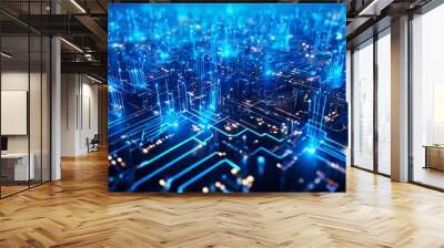 futuristic city with glowing lights and blue background Wall mural