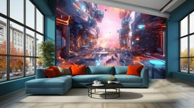 futuristic city with neon lights and Wall mural