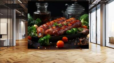 plate meat and vegetables on table Wall mural