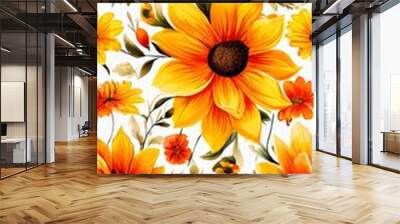 seamless floral pattern with orange flowers on white background Wall mural