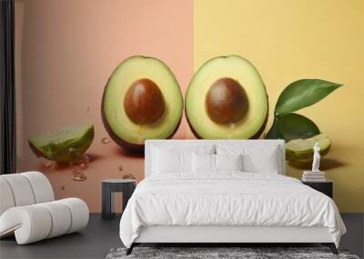 Two halves of a halved avocado with a brown pit, surrounded by green leaves and scattered golden capsules on a pink and yellow background. Wall mural