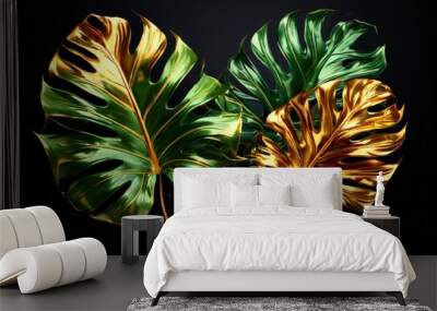 two monster leaves on black background Wall mural