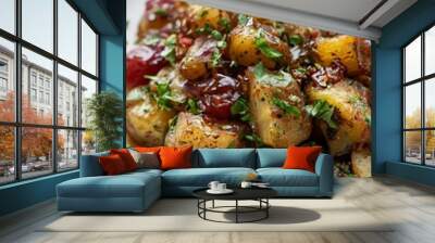 white plate topped with potatoes and bacon Wall mural