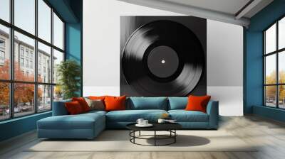 Black vinyl record against white background, showcasing retro music and classic aesthetics. Ideal for media, music, and vintage themed projects. Wall mural