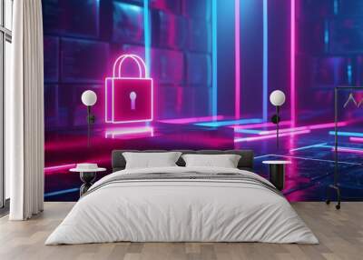 Futuristic neon lock in a digital environment representing cybersecurity and data protection with vibrant pink and blue lights. Wall mural