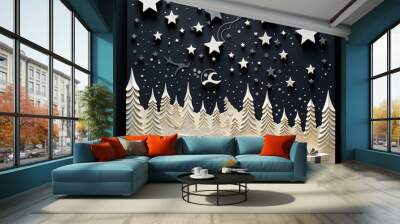 Golden giftboxes hidden in a black and white backdrop papercut forest at night scene Wall mural