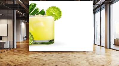 A photostock of a classic caipirinha cocktail with lime on a white background, refreshing and tropical. Wall mural