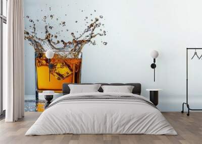 A photostock of a glass of whiskey with a splash on a white background, symbolizing celebration or nightlife. Wall mural