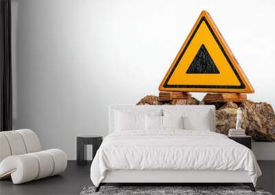 A photostock of a yellow warning triangle on a white background, isolated and bold. Wall mural