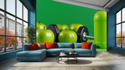 A photostock of fitness equipment like dumbbells, water bottle, and apple, bright colors Wall mural