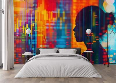 Silhouette of a woman with colorful abstract digital background representing technology, data science, and artificial intelligence. Wall mural