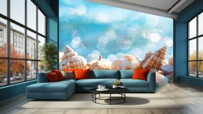 Tropical beach themed product podium, close up of sand and shells, copy space for summer products, Double exposure silhouette with ocean waves Wall mural