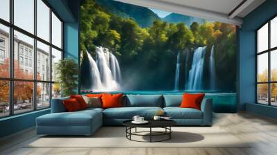 Amazing nature landscape featuring Waterfall located in Misty Forest. Wall mural