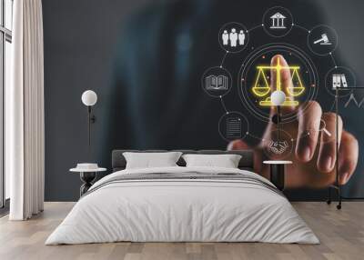 Legal Professional with Justice Icons. A suited legal professional touches virtual icons symbolizing law, justice, and legal services. business legislation, Notary public, legal advice online, Lawyer Wall mural