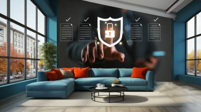 The concept of document safety and security protection system. Businessman using online documentation database management software technology. Manage files efficiently, E-document, File access, cyber. Wall mural