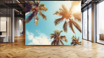 Blue sky and palm trees view from below, vintage style, tropical beach and summer background, travel concept Generative Ai Wall mural