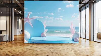 Summer podium background 3D product display beach Background summer podium sea stand stage beauty sky platform shop water Generative Ai Wall mural