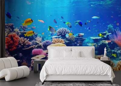 Tropical sea underwater fishes on coral reef. Aquarium oceanarium wildlife colorful marine panorama landscape nature snorkel diving Generative Ai Wall mural