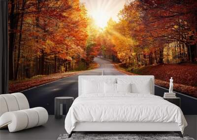 road in autumn forest Wall mural