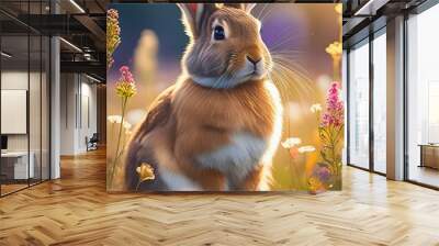 A fluffy rabbit, sitting in a meadow of wildflowers, with its ears perked up and whiskers twitching, captured in high detail against a plain, softly focused background that highlights its gentle natur Wall mural