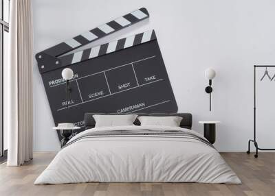 Clapperboard or movie slate use in video production, film and  cinema industry. It's black color on white paper background. Wall mural