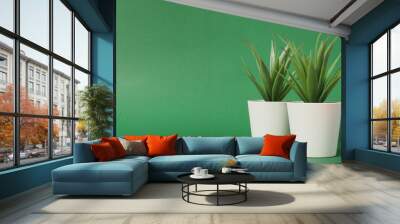 Two Artificial cactus or plastic plants or fake tree on green background.no people Wall mural