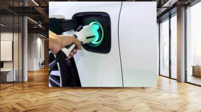 Hand of man holding plug for charge electric power into Battery of Electric car  on charge station electric mobility environment friendly with copy space. Wall mural