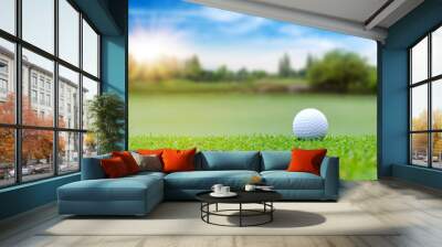 White Golf ball on green course to be shot on blurred beautiful landscape of golf course in bright day time with copy space. Sport, Recreation, Relax in holiday concept Wall mural