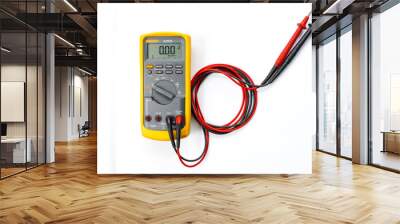 Yellow Digital multimeter with probes on white background , A multimeter  is an electronic measuring instrument. Wall mural