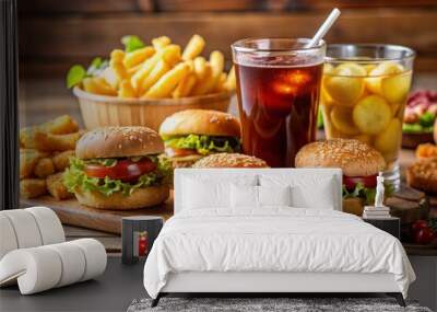 Close up of fast food snacks and drink on table Wall mural