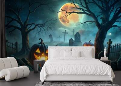 Halloween background with pumpkins and haunted house Wall mural