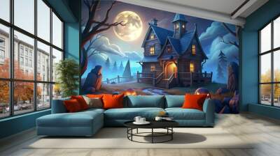 Halloween concept background of realistic horror house and creepy street with moonlight Wall mural