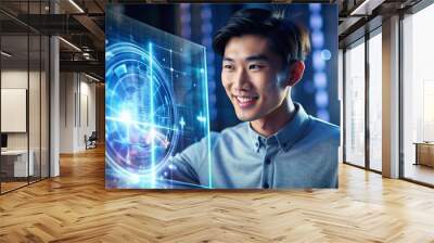 Happy young asian male with wonder curiosity looking at holographic digital display futuristic technology innovation Wall mural