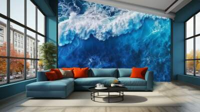 Turquoise ocean water background. View from above to the waves of the ocean. Generative AI Wall mural