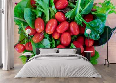 Healthy salad leaves in bowl with plum tomatoes. Top view. Wall mural