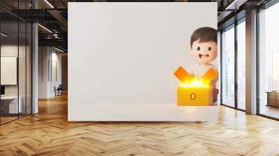 A child opening a glowing treasure chest, pure joy and excitement, 3D illustration Wall mural