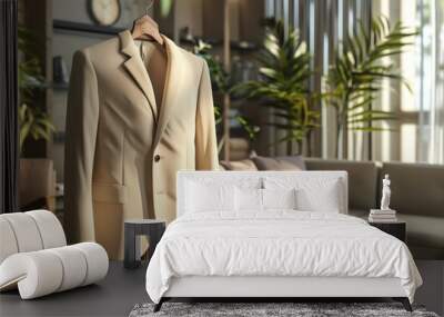 An empty clothing mockup of a casual blazer, set on a chair with a modern living room background Wall mural