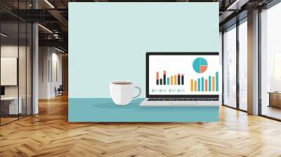 Business plan on a desk with coffee cup, laptop displaying analytics, flat design illustration. Wall mural